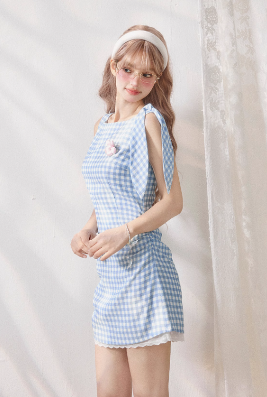 Blue and White Checkerboard Pleated Fitted Dress R5247