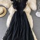 Lace round neck dress long sleeves fashionable slim fit elegant ruffled long skirt dress skirt R0396