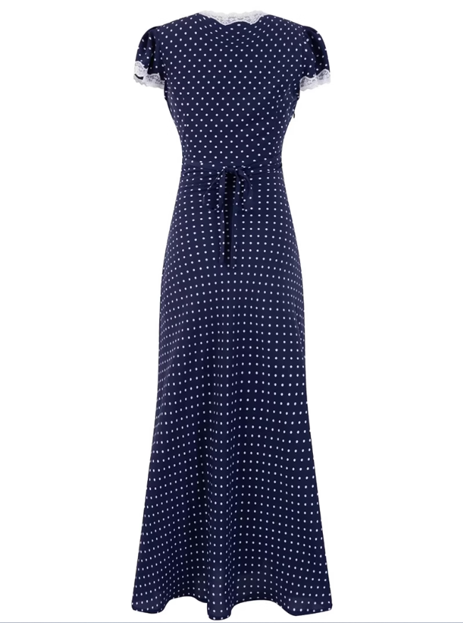 2025 Summer New Blue Polka Dot French V-neck Retro Temperament Long Dress R0947
