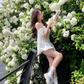 French white one shoulder dress set 2025 new beautiful and stunning fluffy flower bud skirt, homecoming dress R2990