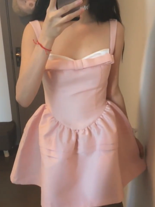 Gentle style pink bow suspender dress women's waist dress R3146
