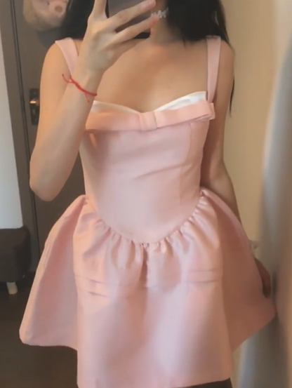 Gentle style pink bow suspender dress women's waist dress R3146