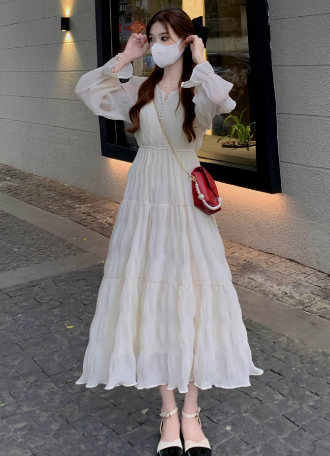 Tea break French style white beach dress waist slimming holiday long dress chiffon dress R1696