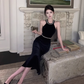 Retro halter neck backless annual meeting black velvet dress fishtail high-end hip dress R1504