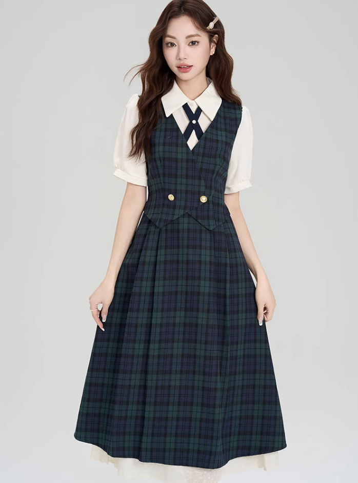 College style summer shirt splicing fake two-piece plaid dress R2395