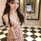V-neck lace cinched-waist halter dress for women's summer French style dress R4789