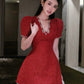 Red puff sleeves V-neck waist slim A-line short skirt homecoming dress R3659