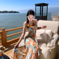 Retro floral suspender dress, beautiful temperament beach dress R0602