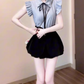 A complete set of outfits, skirt, blue striped shirt, flower bud short skirt, two-piece suit R0746