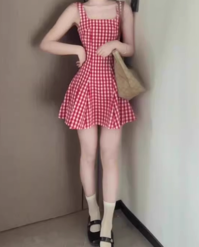 Retro red plaid suspender dress gentle temperament waist A-line short skirt R0791