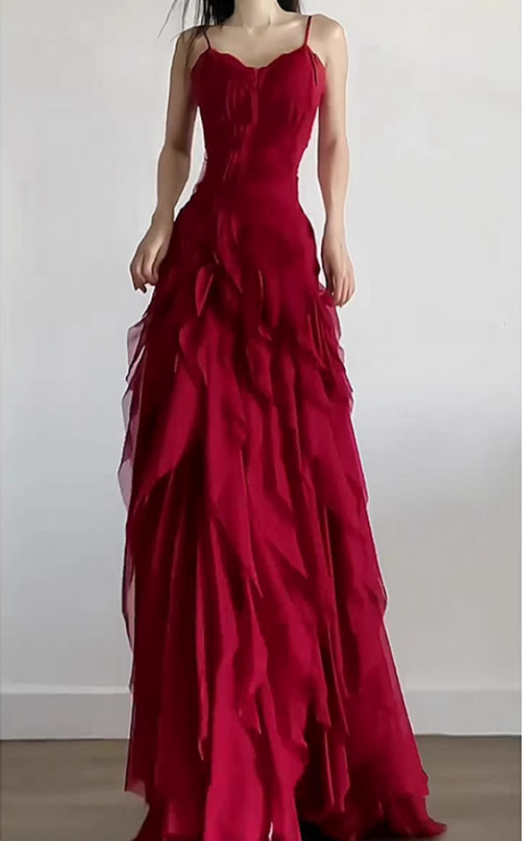 French style beautiful red sling bottom dress high-end slim fit princess dress R1654
