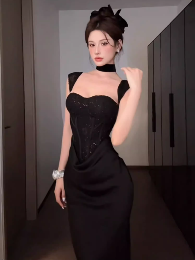 French style tube top suspender dress 2025 waist hip fishtail dress R1036