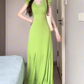 Retro green dress high-grade v-neck temperament step by step lotus fishtail skirt R0735