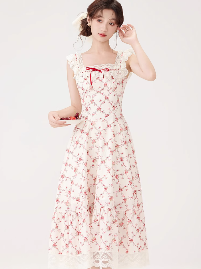 French style gentle sweet floral dress new lace waist long skirt R2380