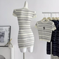Round neck striped knitted dress for women 2025 summer small fragrance style medium long skirt R0288