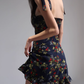 French style black floral suspender skirt retro wood ear high waist dress A-line short skirt R2860