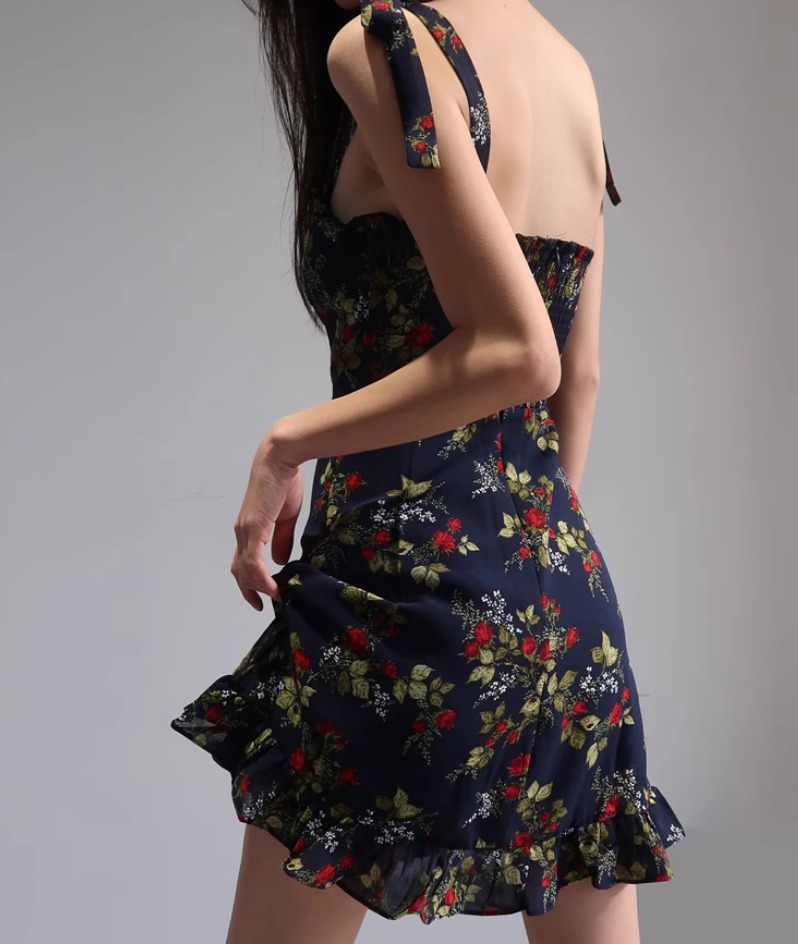 French style black floral suspender skirt retro wood ear high waist dress A-line short skirt R2860