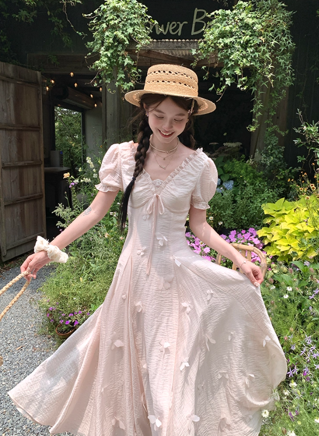 Pink long v-neck short-sleeved waist dress summer French retro temperament high-end dress R4743