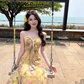 Gentle style floral suspender dress with backless and beautiful long dress R0561