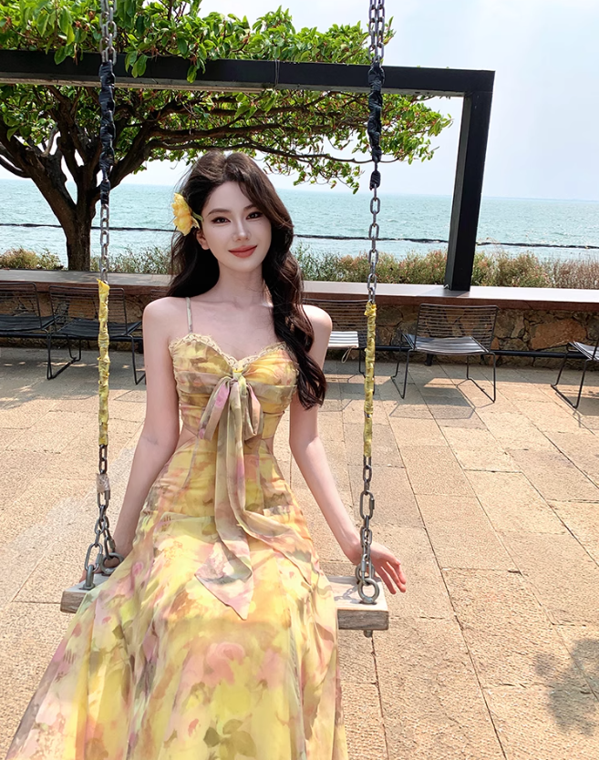 Gentle style floral suspender dress with backless and beautiful long dress R0561