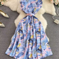 Gentle style stand-up collar, slim waist, printed A-line long swing dress 2025 high waist elegant long skirt R0359