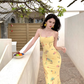 Yellow suspender dress 2025 sexy slim long skirt waist hip skirt R0582