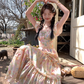 Long square neck small flying sleeve waist printed A-line dress summer French skirt R4905