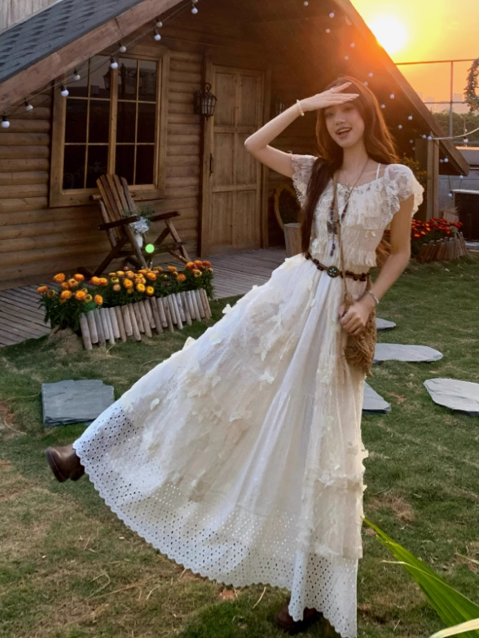 French fairy temperament holiday v-neck suspender dress lace blouse two-piece outfit R1735