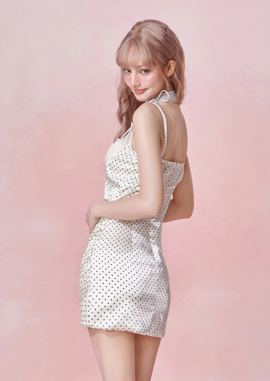 Ruffle hem hollow pleated waist retro polka dot suspender dress R5252