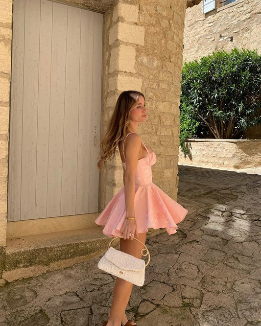 Pink suspender low neck A-line tutu skirt homecoming dress R2476