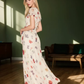 Printed square neck short sleeve dress French retro style waist slim long skirt R2909