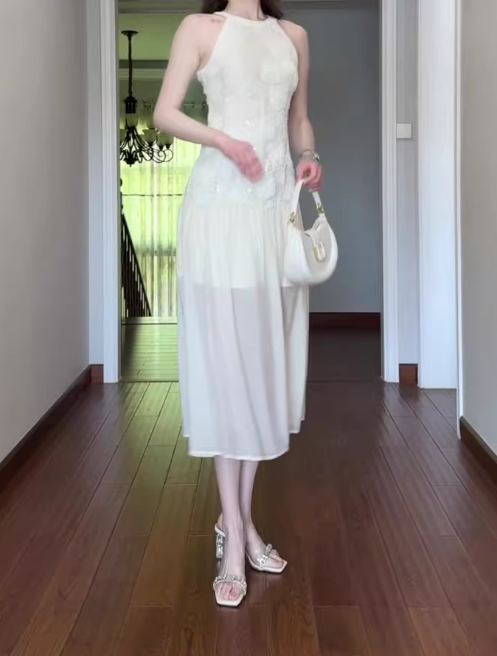 Jacquard sleeveless halter dress cool and gentle temperament waist A-line long skirt R0857