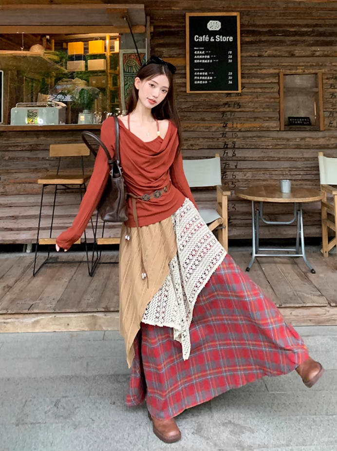 Fairy outfit two-piece suit design halter neck t-shirt fake two-piece plaid skirt suit R1699