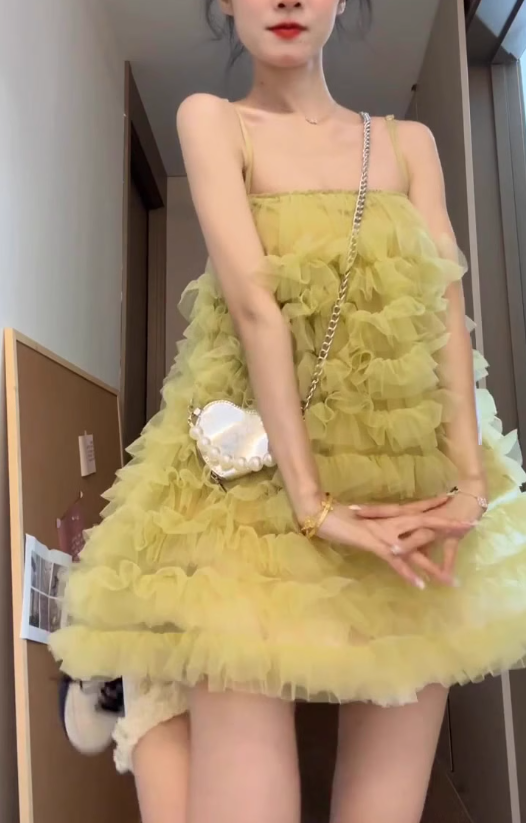 Yellow mesh suspender dress 2025 new gentle sweet style a-line short skirt R0807