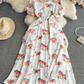 French lady temperament lady short sleeve square collar waist slim a-line print dress elegant long skirt R0406