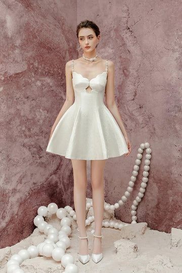 White suspender lace neckline waist slim short skirt homecoming dress R3518