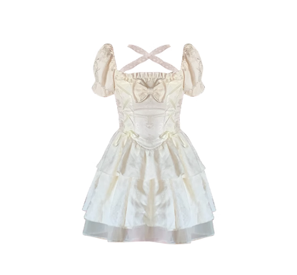 French style gentle temperament white bow forest princess dress sweet fluffy short skirt R0164