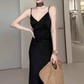 Large French pure V-neck backless black suspender skirt high-grade satin long skirt R1863