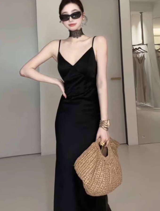 Large French pure V-neck backless black suspender skirt high-grade satin long skirt R1863