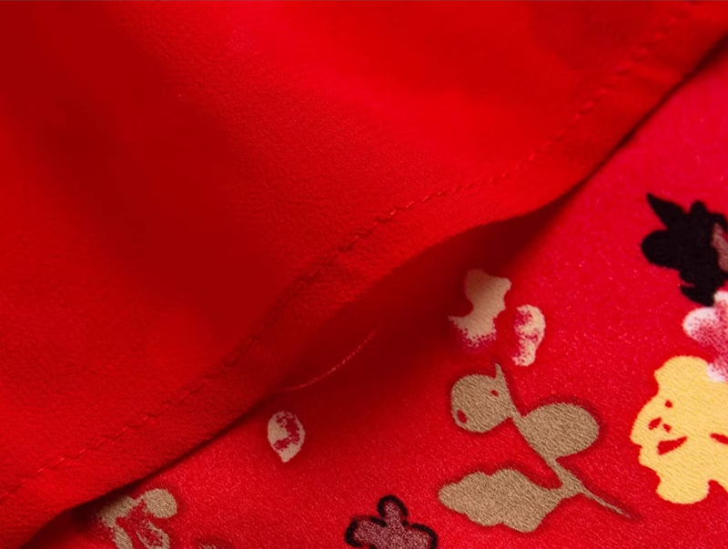 2025 Summer New Red Floral V-neck Wrap One-piece Tea Break Short Sleeve Dress R0948