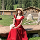 Red polka dot lace cinched waist small flying sleeve dress for women's summer French dress R4784