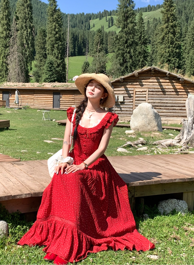 Red polka dot lace cinched waist small flying sleeve dress for women's summer French dress R4784