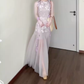 Purple mesh jacquard vest dress temperament waist A-line long skirt R0733