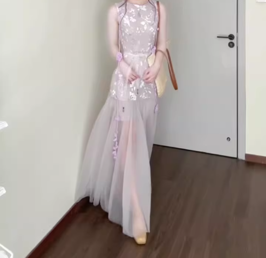 Purple mesh jacquard vest dress temperament waist A-line long skirt R0733