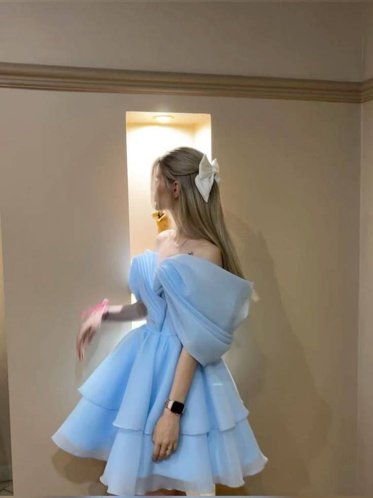 Blue one-shoulder design slim waist puffy princess skirt homecoming dress R4048