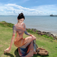 Beach dress with slim waist and elegant long sleeves, holiday style tie-dye dress R1606