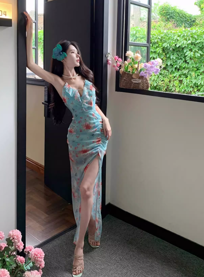 Sweet and spicy high slit slim backless dress beach dress seaside holiday atmosphere dress R1576