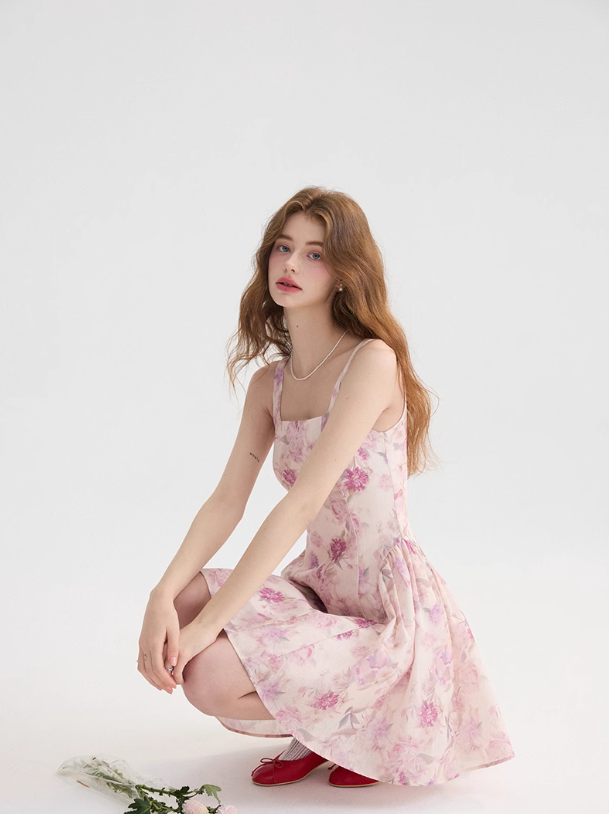 Floral suspender skirt with pink mini skirt R2662
