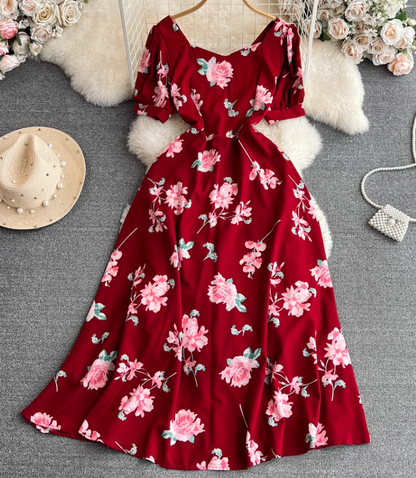 French lady temperament lady short sleeve square collar waist slim a-line print dress elegant long skirt R0406