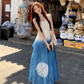 Fairy ruffle blue tie-dye color matching long skirt travel wear suspender dress R1712